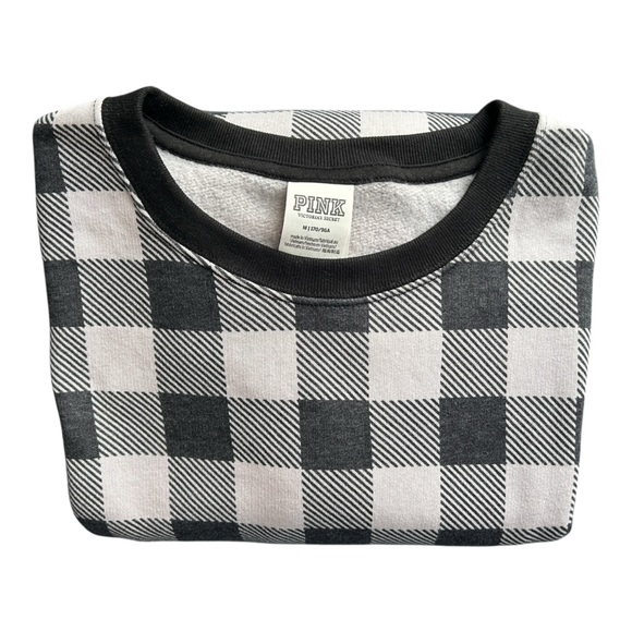 Victoria's Secret PINK Fleece Crew Neck Plaid Sweatshirt Pink Black Loungewear M - Picture 3 of 6